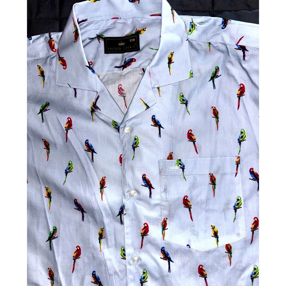 French Crown 42 Multicolor All Over Parrots Men's Short Sleeve Button Down Large